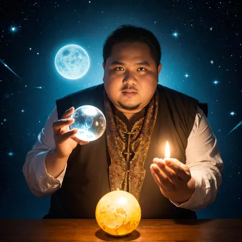 Seller is 40 years old,holds a crystal ball with both hands,  horoscopes , Cast magic , Cast magic ทรงพลัง, casting defensive spells, Perform magic knocks, Spell  wizard, Spell ,Thai people,THE CARD WIZARD,man,Fat person