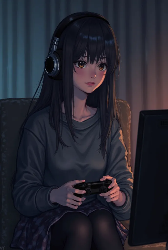 A girl with dark hair sits in stockings with a gamepad in her hands and gaming headphones 