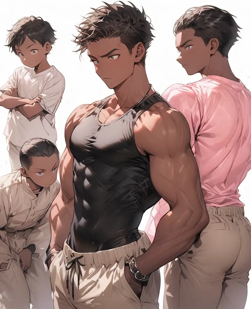 Solo, standing up, hands in pockets, Human, Shota, Male, African American, Dark Ebony Skin, Lean Muscular, strong arms, Blank Facial Expression, slight scowl, Youthful Appearance, Small Stature, Pink Eyes, light pink long sleeve shirt, Long Dark Tan Khaki ...