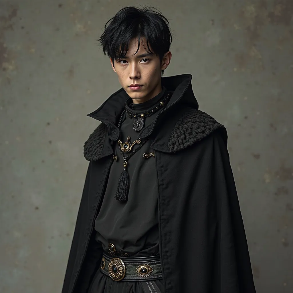 make me a 18 years old realistic man with a black curtain hair style black narow eyes he is wearing a fantasy cloths for upper body  Bloodwoven Cloak  Summoner’s Tunic  lower body is Warlock’s Trousers Shadow Boots 
 make is real fantasy look make it more ...