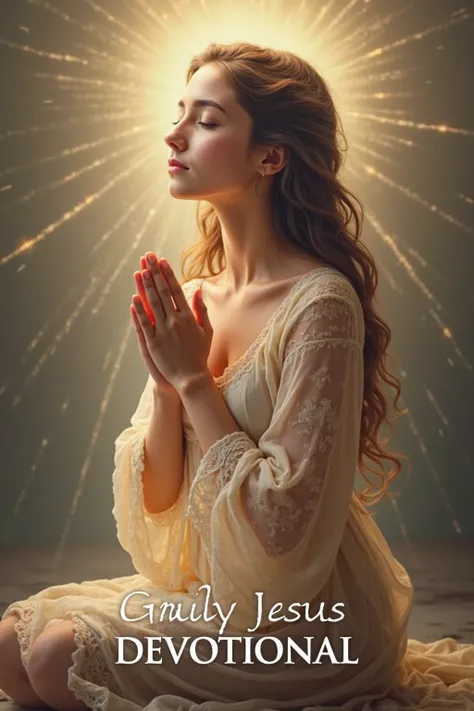 A young woman kneeling in deep prayer, hands clasped together, eyes closed in devotion. She is illuminated by a divine light surrounding her, giving her an ethereal glow. She wears a flowing, modest dress with delicate lace sleeves. Her long hair is gently...