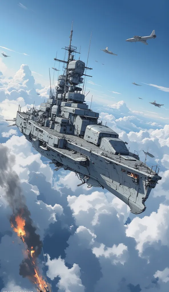 Flying Battleship,World War II warship shape,retro and sophisticated design,Linear shape,main gun fired,cannon,bridge,Machine gun,fly in satellite orbit,Anti-gravity device,Escort fighter,Fleet Warfare ,hit,It&#39;s on fire,soot,blue sky,cloud