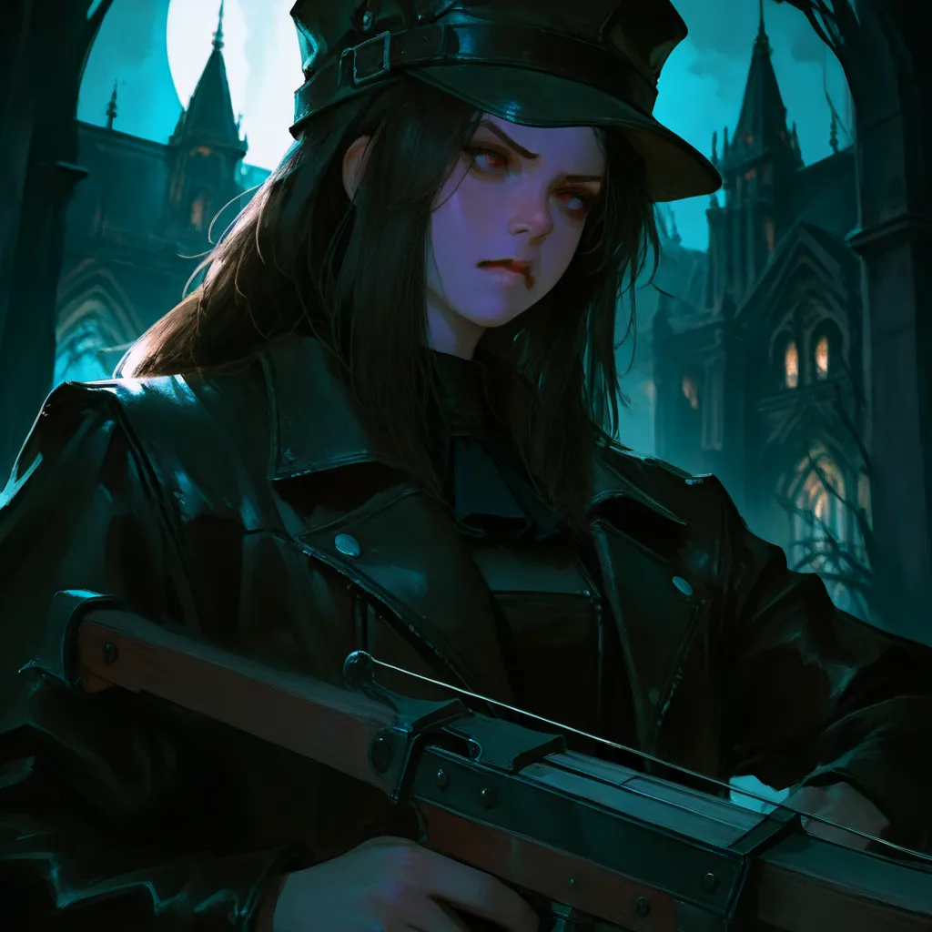 vampire hunter, long hair, cream green, wearing a hat, detailed portrait, intense gaze, determined expression, leather jacket, holding crossbow, dark forest background, moonlight, mist, gothic architecture, dramatic lighting, cinematic, artstation, digital...