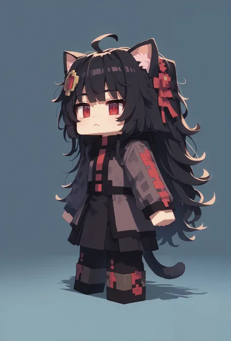 temic10 , Chibi, 1 girl, Alone ,  colorful, score_9, score_8_arriba, score_7_arriba, masterpiece, the best quality, very aesthetic,  cat ears, (red eyes),  long hair , black hair, (Ahoge), straight bangs,, messy hair,