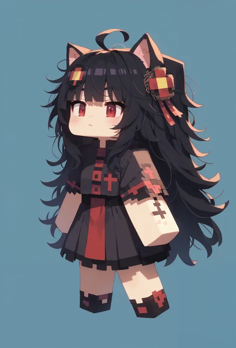 temic10 , Chibi, 1 girl, Alone ,  colorful, score_9, score_8_arriba, score_7_arriba, masterpiece, the best quality, very aesthetic,  cat ears, (red eyes),  long hair , black hair, (Ahoge), straight bangs,, messy hair,
