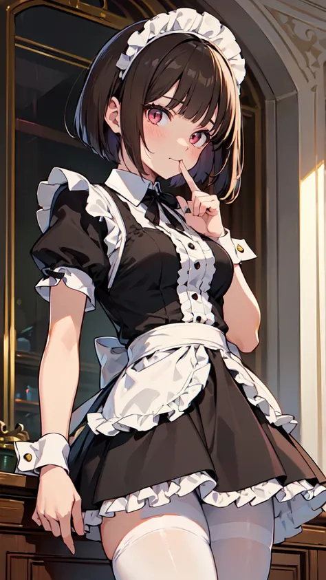 masterpiece, best quality, highly defined, anime-style, (dynamic angle), 1 girl, (boy’s finger in mouth:1.5), 
(female: (young elegant maid), (light brown bob hair), silky smooth hair, (blunt straight bangs:1.1), (Victorian-inspired maid dress), (high-neck...