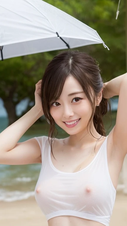 Wear a naked wet white t-shirt。The wet T-shirt shows her nipples 。 Actress Suzu Hirose is having fun on the beach , japanese girl, wet shirt, see-through, rain, embarrassed, detailed, NSFW