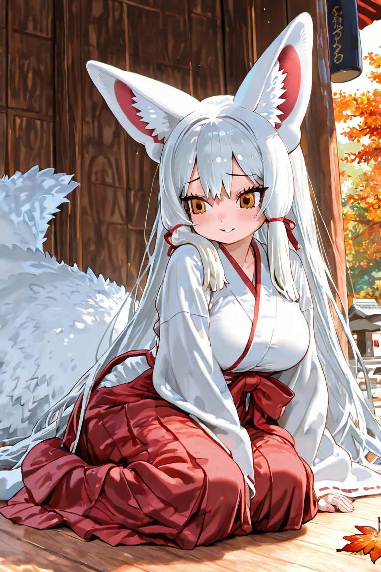 A full-body anime-style illustration of Oinari-sama, inspired by Kemono Friends. Oinari-sama is depicted as a humanoid fox girl with pure white fur, large fluffy ears, and a single elegant tail. She wears a traditional Japanese shrine maiden outfit with a ...