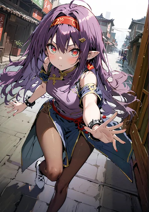 score_9, score_8_up, score_7_up,  source_anime,
 yuukiKonno, Konno Yuuki, red hair band, long hair, pointed ears, purple hair, red eyes, double chauban ,serious,close your mouth,chunlicosplay, Chunli \(cosplay\), blue  dress, boots, bracelet, brown pantyho...