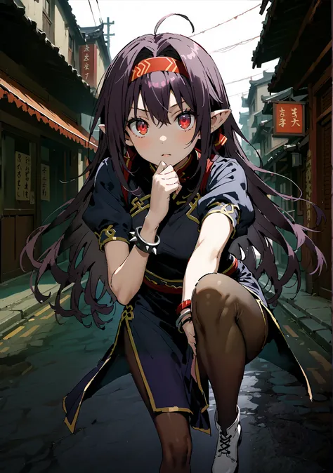 score_9, score_8_up, score_7_up,  source_anime,
 yuukiKonno, Konno Yuuki, red hair band, long hair, pointed ears, purple hair, red eyes, double chauban ,serious,close your mouth,chunlicosplay, Chunli \(cosplay\), blue  dress, boots, bracelet, brown pantyho...