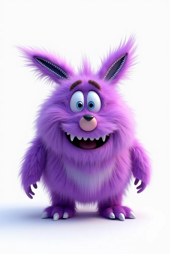 realistic fluffy purple monster, with zipper ears, blue eyes and small paws, On a white background