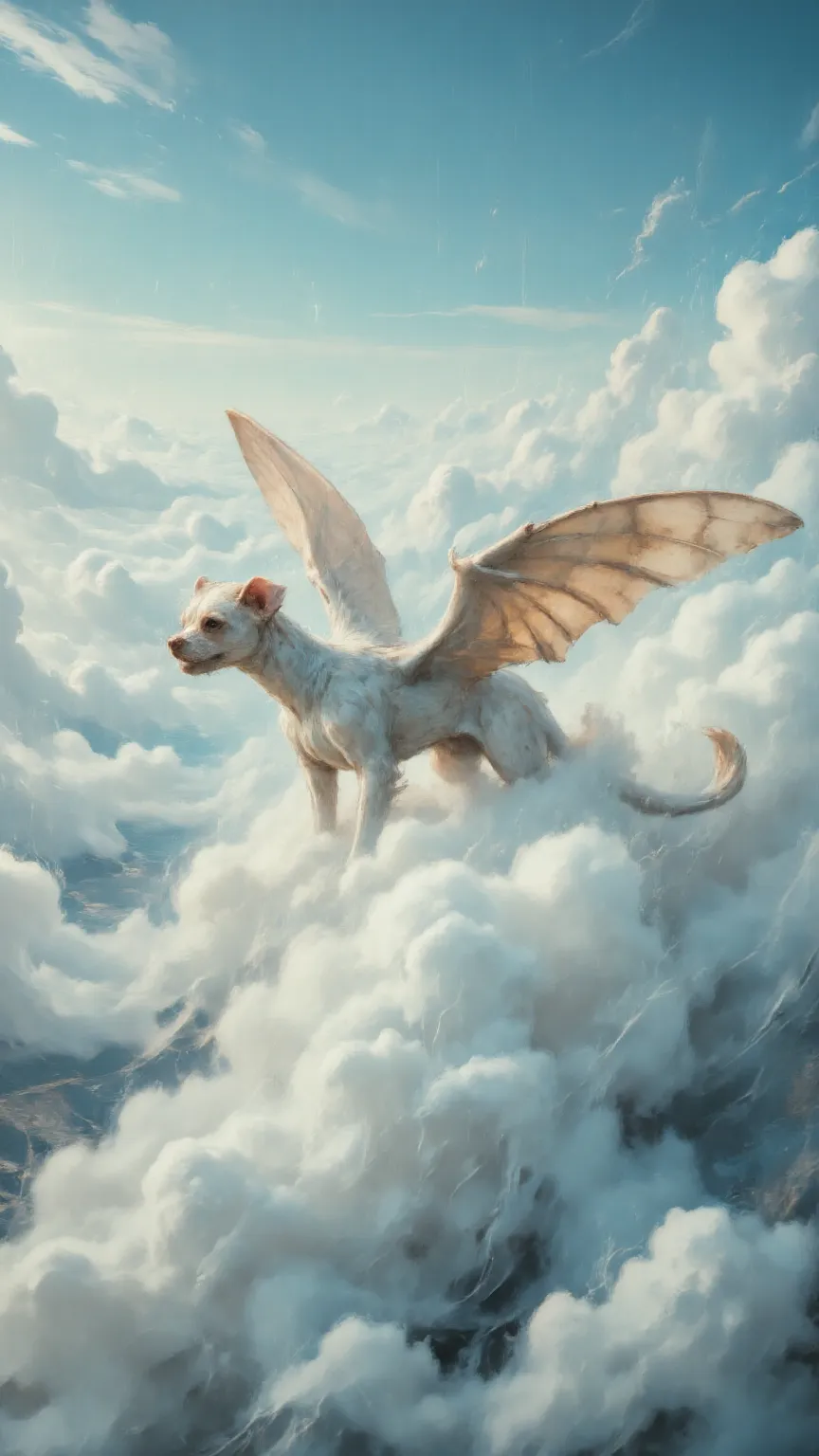 The sky is wide like a horizon,led by a white furry pug led by a white furry dragon。Dragon Body Slender,Wings Wide,Brown pattern on the back。Dynamic blur And the speed line adds momentum。Dragon with extreme speed through the cloud,Torn Owl。The first person...