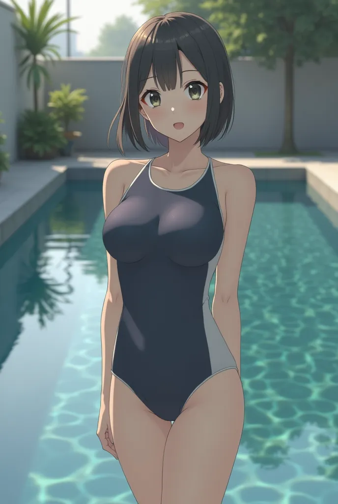 Japanese woman in a school swimsuit, the woman is bright , standing by the pool , small breasts,Swimsuit has a simple design,white piping swimsuit,Fits your body,No wrinkles, crewneck ,Wear an all-over navy blue swimsuit,Use in combination with matte fabri...