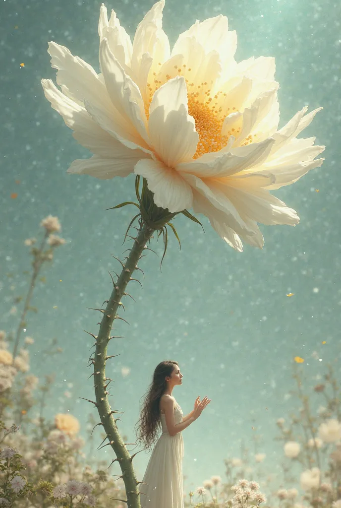 a girl with long hair holds a large white flower with both hands that is taller than her and has a stem with small spines 