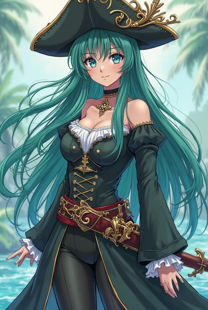 Create a beautiful anime woman 1 ,70 tall with a chic elegant pirate outfit she should have long hair that should be a mix of turquoise and dark green her eye color should be light blue and she should master water magic and have a sword