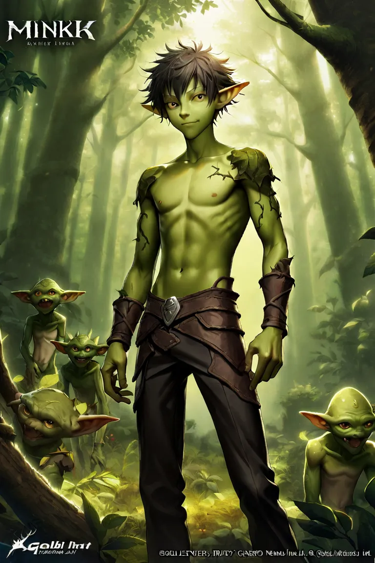 1 boy, twink, slender body, goblin boy, black messy hair, leather armour, bare chest, forest, detailed art, 