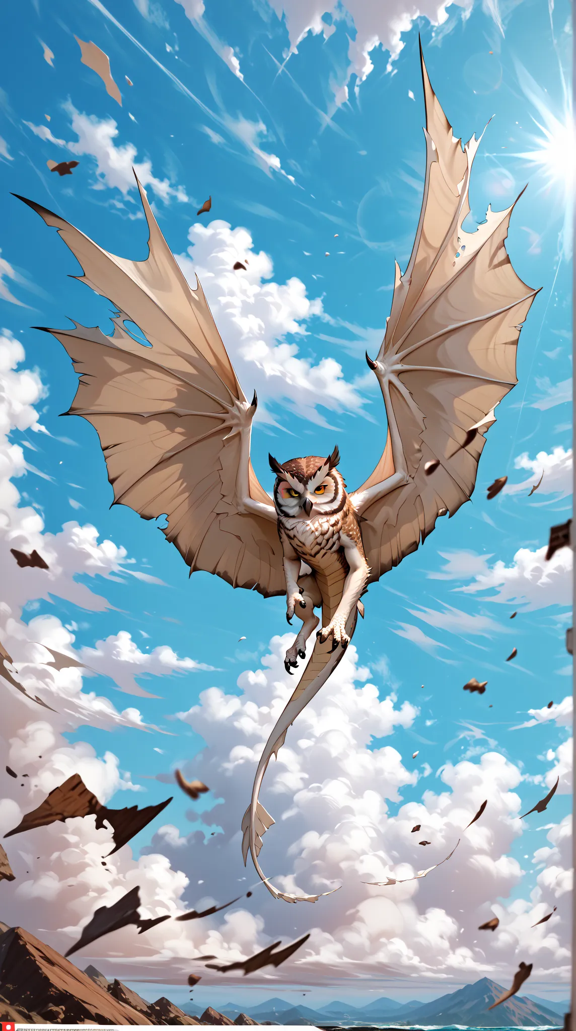 The sky is wide like a horizon,led by a white furry pug led by a white furry dragon。Dragon Body Slender,Wings Wide,Brown pattern on the back。Dynamic blur And the speed line adds momentum。Dragon with extreme speed through the cloud,Torn Owl。The first person...