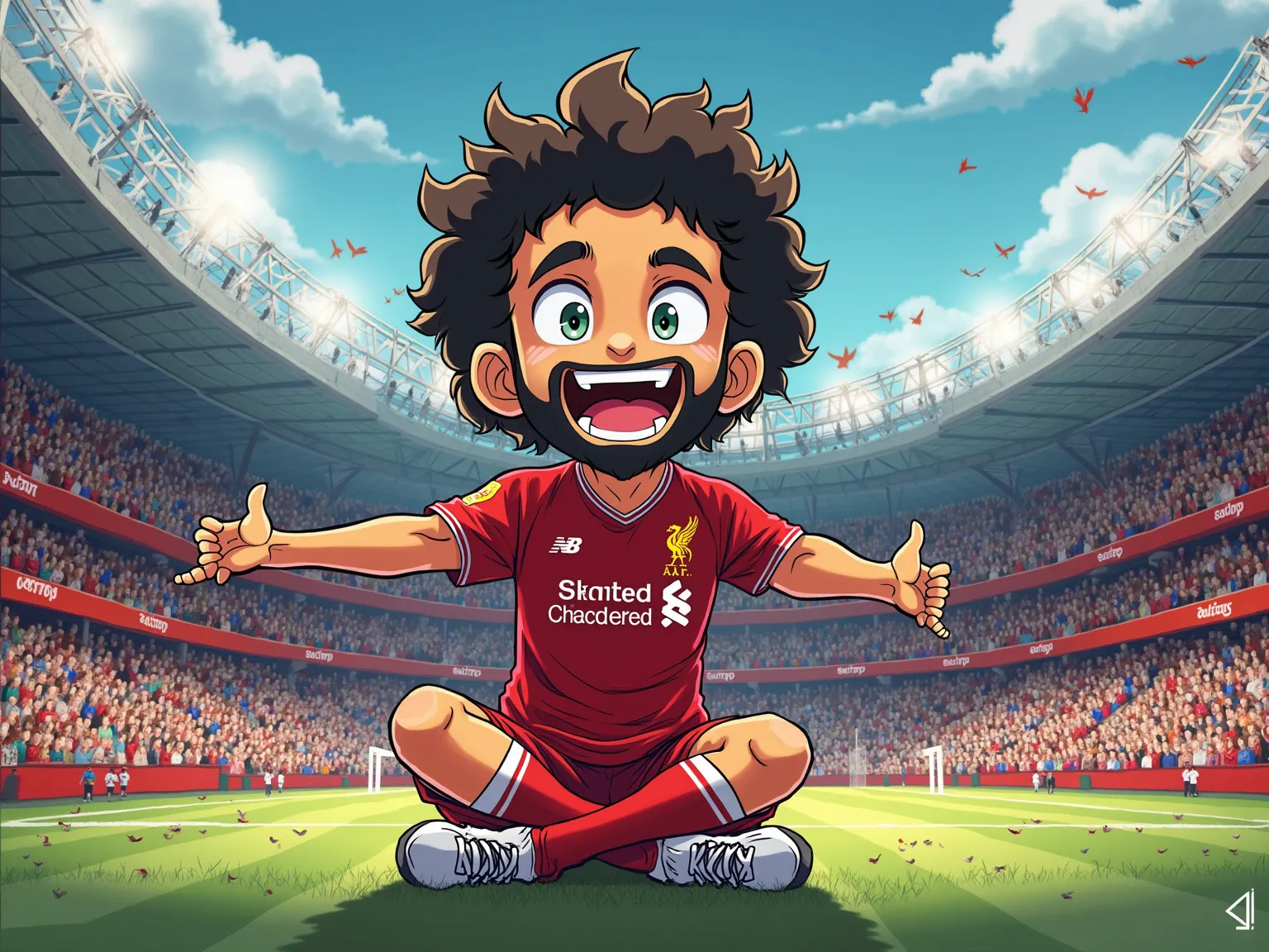 Cartoon-style illustration of Mohamed Salah in the art style of Demon Slayer (Kimetsu no Yaiba), performing a joyful pose (cross-legged bow gesture) at Anfield stadium. Salah is wearing his Liverpool jersey with vibrant colors and detailed cel-shading. The...