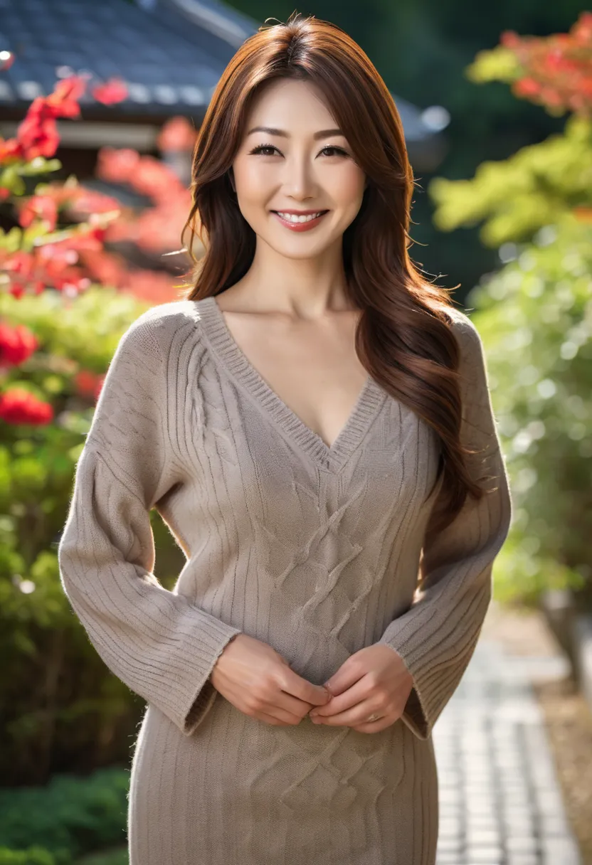 (Top Quality,8k,masterpiece,Ultra High Resolution 1.3),(photo realistic1.3),((Japanese woman)),Mature Woman Smiles,Married Woman,Long brown hair,Big Breasts,Knit Dress,Home garden