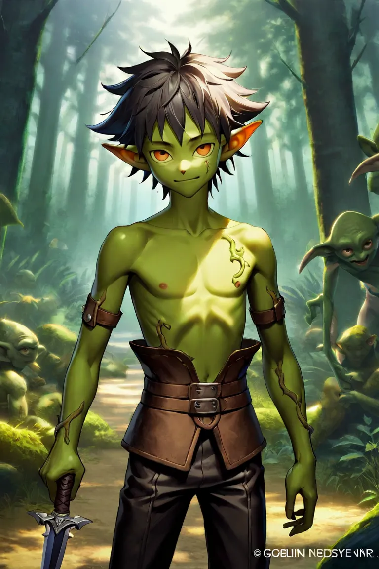 1 boy, twink, slender body, goblin boy, black messy hair, leather armour, bare chest, forest, holding a dagger, detailed art, 