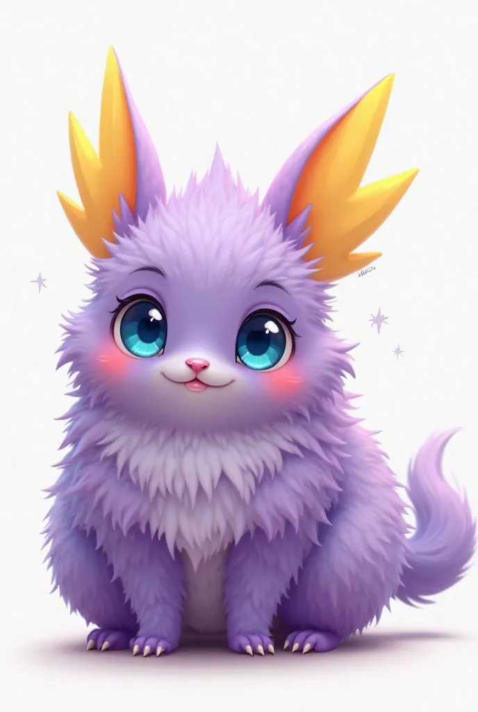 realistic fluffy purple monster, with yellow thunder ears, with blue eyes, small paws, tail like hell on a white background