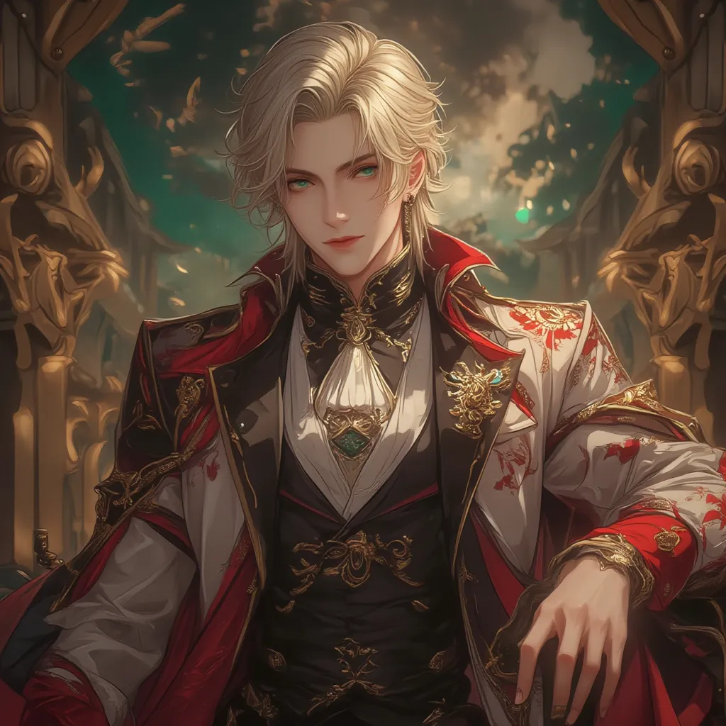 Anime style nobleman with short blonde hair, green eyes with