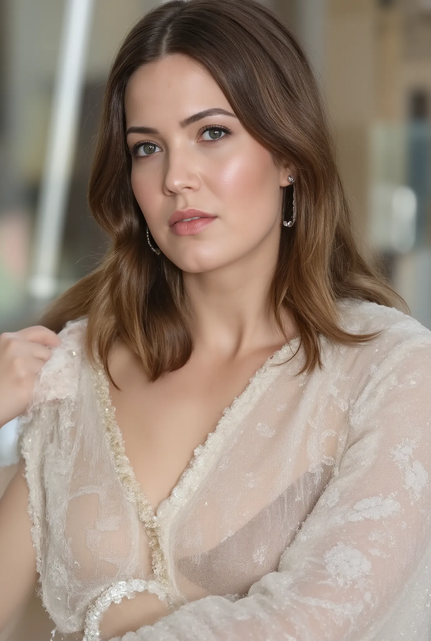 best quality, highres, 8k, masterpiece, photography, detailed midbody photorealistic portrait. Mandy Moore embodies imperial grace in a pearl white lace bralette and high-waisted panties with floral embroidery, a sheer ruffled robe flowing behind her, and ...