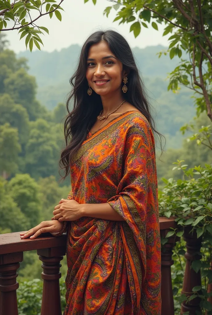 34 year old kerala woman, medium size, long hair, wearing frock , realistic, detailed,, standing in balcony, surrounded by greenery, ultra HD, realistic, smiling face