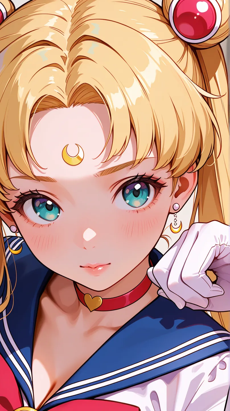 close-up, 1 girl, sailor,  Tsukino Usagi , (sailor chiseki uniform:1.2), ( Aqua Eyes:0.9), blonde hair,  medium hair, Wedge skirt, best quality, earrings, masterpiece, High Resolution, complicated details, (realistic)), photo shoot, (white elbow gloves:1.1...