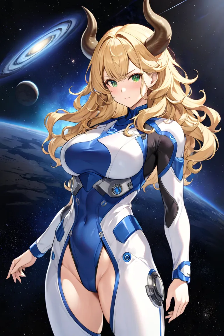  a 35-year-old woman , full body view head to toe, Athletic,  of wavy blond hair , green eyes, Minotaura , With ox horns, dressed in general blue and white futuristic clothing open to the front showing her abdomen, Bust size E, expression standing with his...