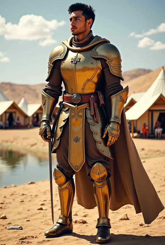 1 man, score_9 , fantasy, young, a little swarthy ,  clean-shaven , stately, black medium hair, gilded light medieval armor, medic, medical bag, short sword in hand, desert, with lake, large tent camp