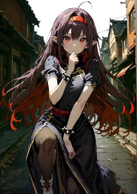 score_9, score_8_up, score_7_up,  source_anime,
 yuukiKonno, Konno Yuuki, red hair band, long hair, pointed ears, purple hair, red eyes, double chauban ,serious,close your mouth,chunlicosplay, Chunli \(cosplay\), blue  dress, boots, bracelet, brown pantyho...