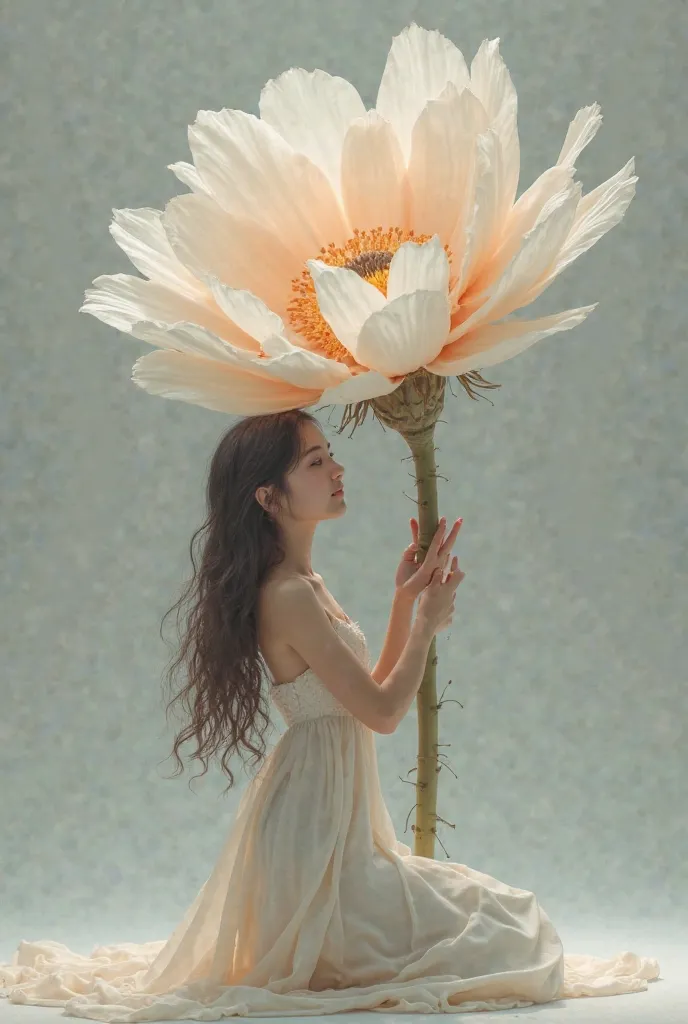 a girl with long hair holds a large white flower with both hands that is taller than her and has a stem with small spines that are almost invisible, grey studio background, drape 