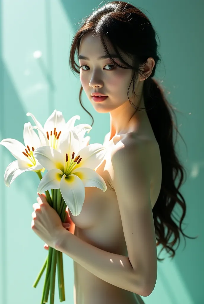 Masterpiece of cinematic, closeup a beauty idol girl 28years, like sasaki nozomi, long hairstyles, slender body, holding a bunch of high grade white lily flowers, she look soft and elegant with little smile, naked all body show her white skin, good looking...