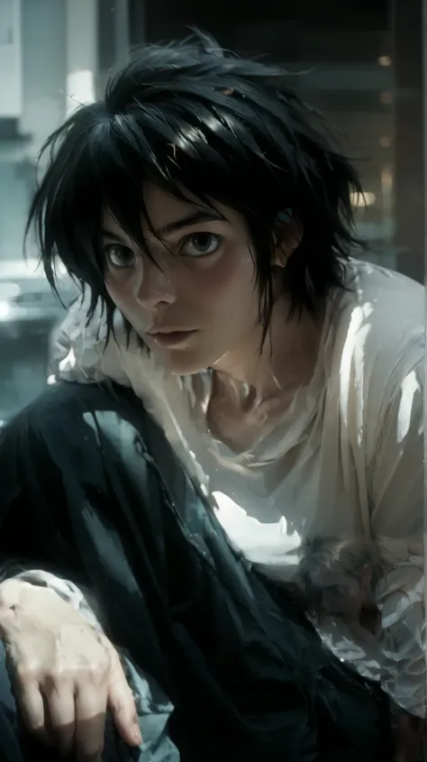 1boy, white shirt , black eyes 