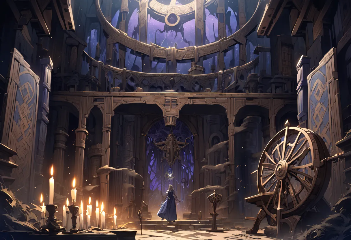 "A dark fantasy book cover depicting a cursed spinning wheel in a dimly lit, ancient chamber. The wheel is ornately carved with intricate patterns, glowing faintly with a sinister aura. A single drop of blood glistens on its needle, hinting at its dangerou...