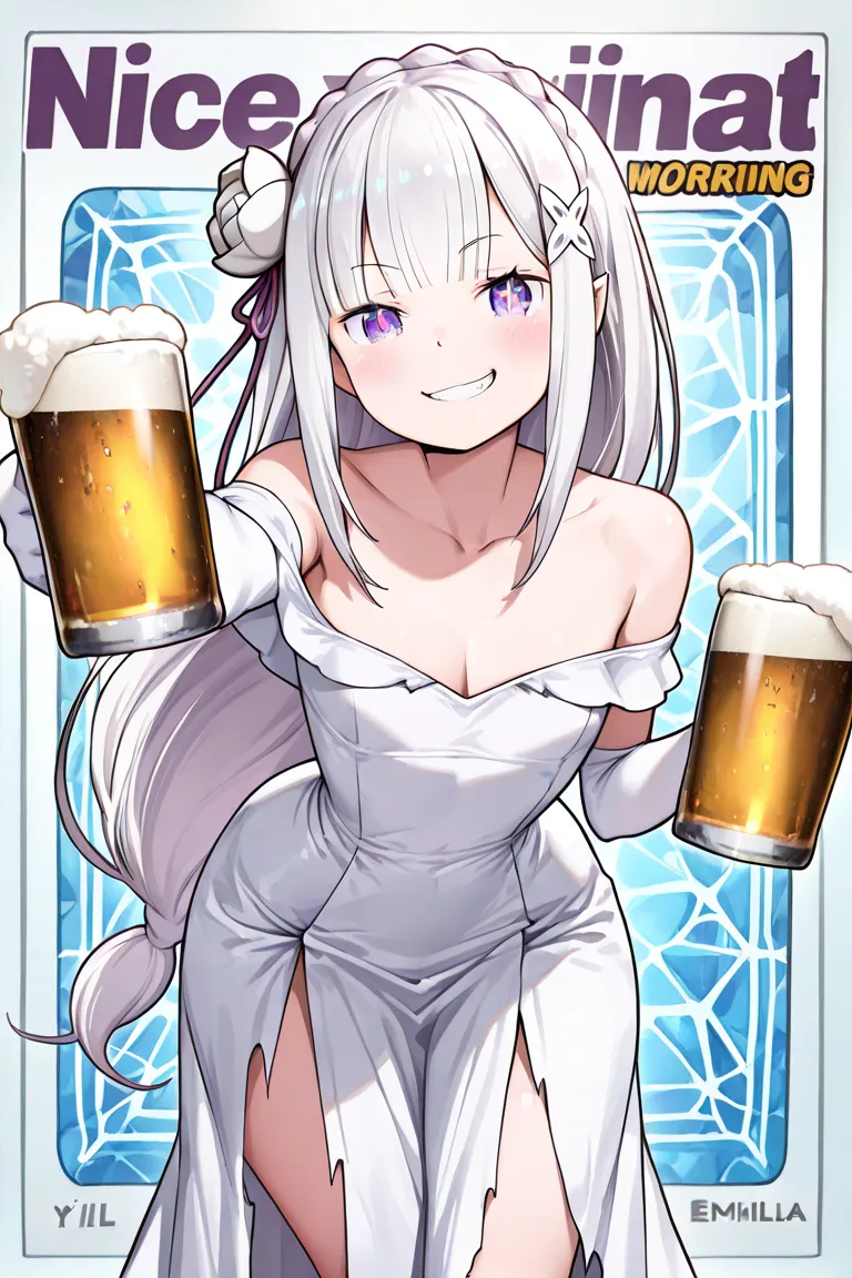  (masterpiece:1.2), (best quality:1.2), newest, intricate details, perfect anatomy,  1girl :1.2, (Emilia (re:Zero):1.2), ((plain white wedding dress:1.1, long dress:1.2, off-shoulder dress:1.5, sleeveless:1.3, front slit:1.3, torn dress skirt:1.4, white el...