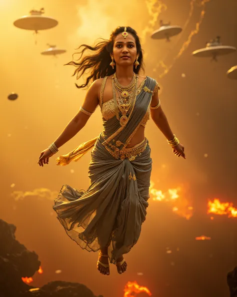 Above the war-torn borders of a divided future Earth, where nuclear sirens wail across the Indo-Pak battlefield, a celestial Tamil goddess descends—not from the heavens, but from the fabric of reality itself. Draped in a smoky grey nanotech saree, woven fr...