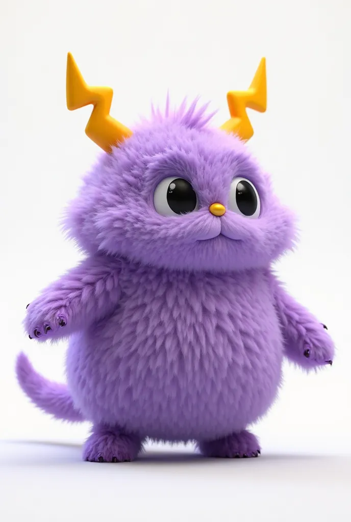 realistic fluffy purple monster, with yellow thunder ears, with black eyes, small paws, tail like hell on a white background