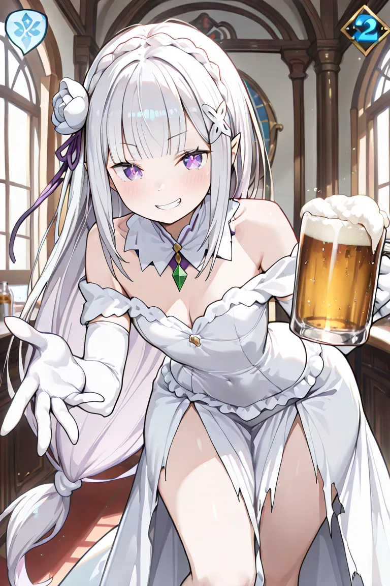  (masterpiece:1.2), (best quality:1.2), newest, intricate details, perfect anatomy,  1girl :1.2, (Emilia (re:Zero):1.2), ((plain white wedding dress:1.1, long dress:1.2, off-shoulder dress:1.5, sleeveless:1.3, front slit:1.3, torn dress skirt:1.4, white el...