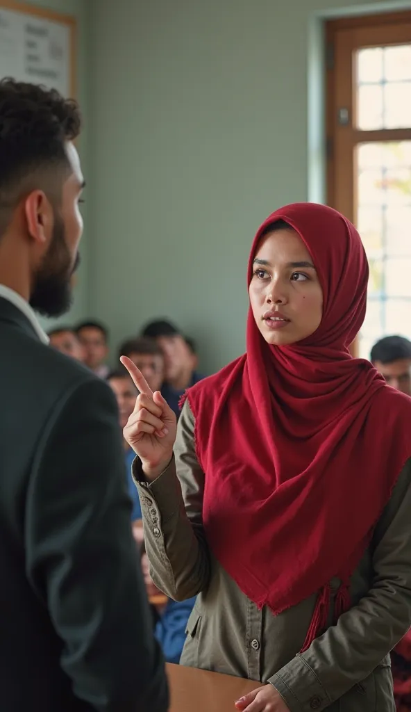 A female student wearing a red hijab is standing face to face with her male teacher, pointing with her finger and asking a question, while all the stu, female student, red hijab, standing face to face, male teacher, pointing finger, asking question, studen...