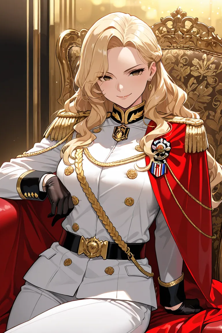 beautiful and noble woman, luxurious military uniform, golden decorations, long wavy blonde hair, confident smile, piercing eyes, high-ranking officer, royal cape, imperial style, one arm covered with elegant glove, masterpiece, high quality