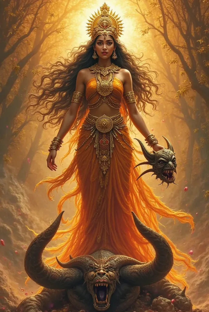 Actress ranjitha menon as an indian goddess with a demon head on one of her hands and she is standing on the beheaded demon's body