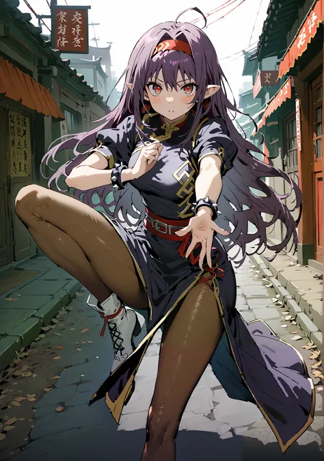score_9, score_8_up, score_7_up,  source_anime,
 yuukiKonno, Konno Yuuki, red hair band, long hair, pointed ears, purple hair, red eyes, double chauban ,serious,close your mouth,chunlicosplay, Chunli \(cosplay\), blue  dress, boots, bracelet, brown pantyho...