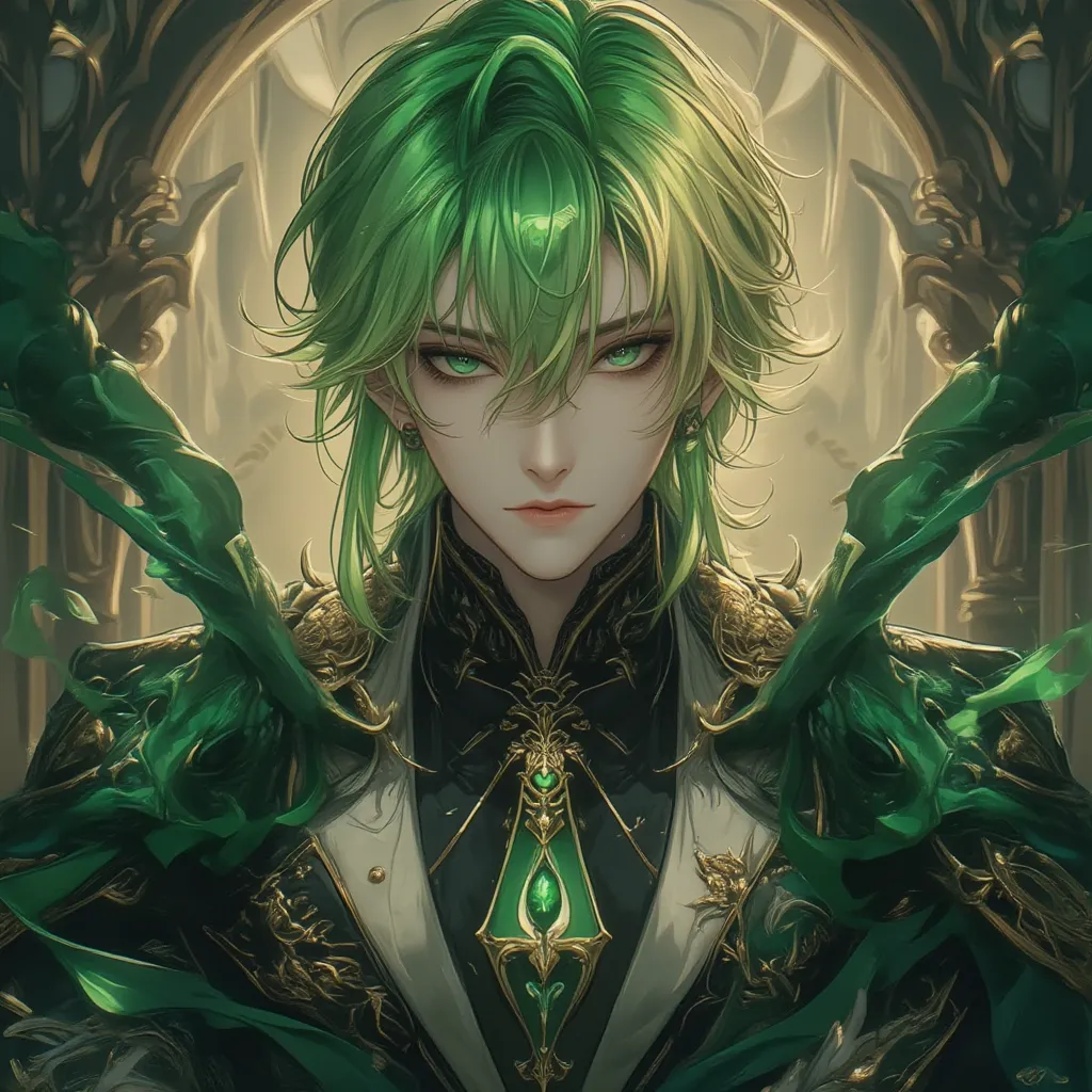 Anime style nobleman with short blonde hair that fades to green at the tips, green and gold eyes