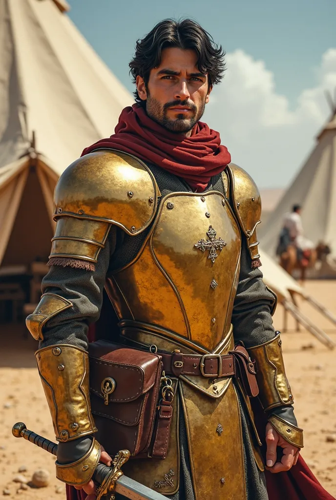 1 man, score_9 , fantasy, young, slightly swarthy European,  clean-shaven , stately, black medium hair, gold-plated light medieval armor, medic, medical bag, short sword in hand,desert, with lake, large tent camp