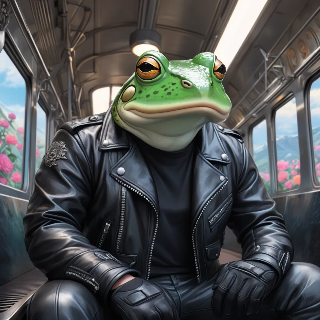 Closeup, masterpiece, Highest quality, (Portraiture), an extremely badass anthropomorphic light blue and white bullfrog wearing an insanely cool black leather biker jacket open, black shirt, black leather biker gloves, black leather biker pants, giving it ...