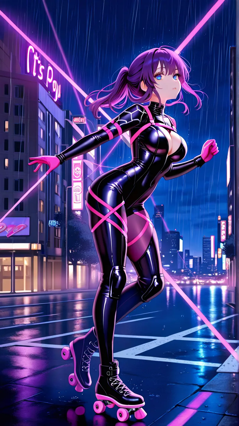 (1 girl), masterpiece, photorealistic, 8k, (realistic: 1.2), full body, viewers, pantyhose, purple hair, ( Kafka: 1.2), Glide on the road on roller skates drawing neon trails, Transforming into a suit heroine while gliding, It's cute, (Manmaru poyo poyo ch...