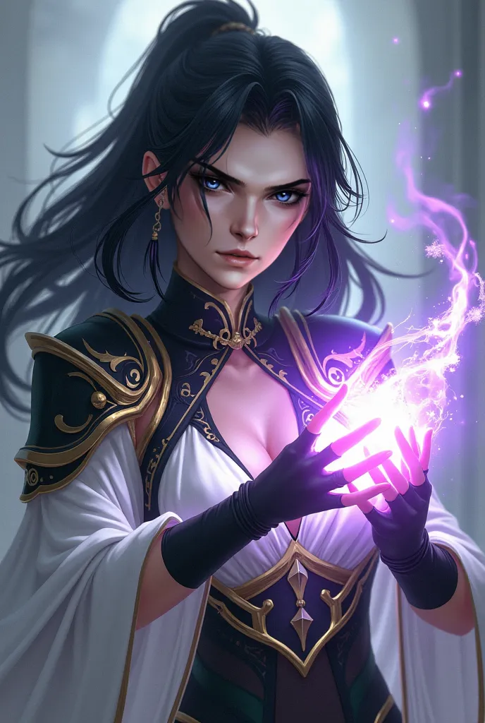 A white female mage with soft features and black hair . Her eyes are violet. She is wearing light armor and has a fit athletic build.  Power is enveloping around her hands . Her attire isn’t revealing and has black white green and gold color accents. 