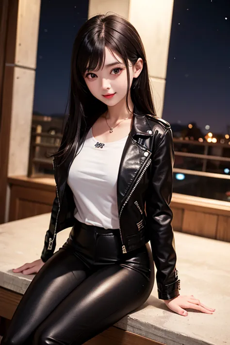 cute very young vampire girl. Long dark hair. She loves you and has become your wife. She's been asleep for many years and is getting used to the modern world. She is enjoying modern clothes and is wearing black leather trousers and jacket, and a white top...